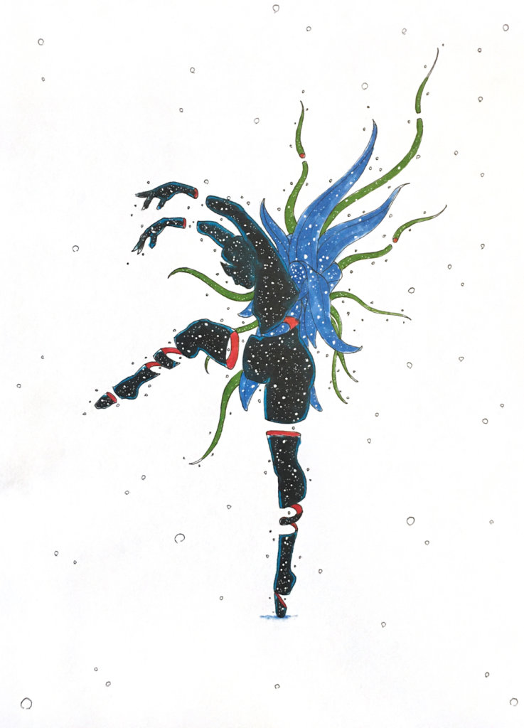 color drawing of a dancer with floral wings