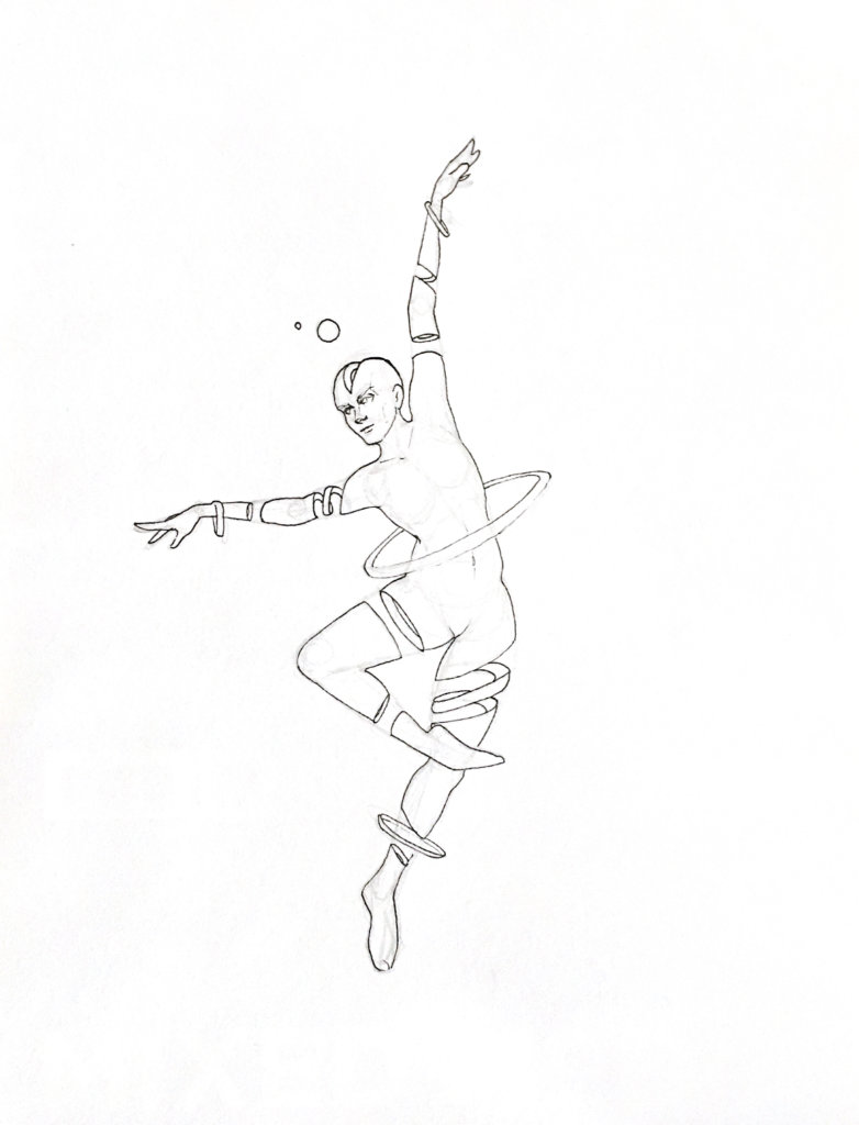 WIP drawing of a person with a ring surrounding them as if a planet