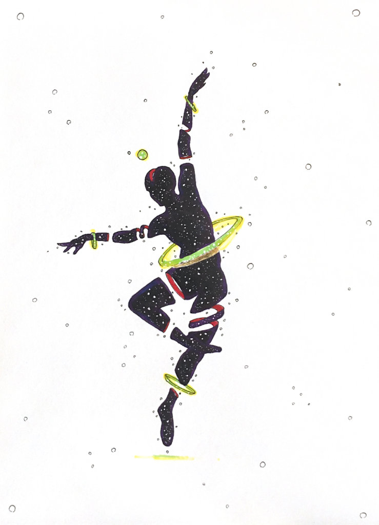 color drawing of a person with a ring surrounding them as if a planet