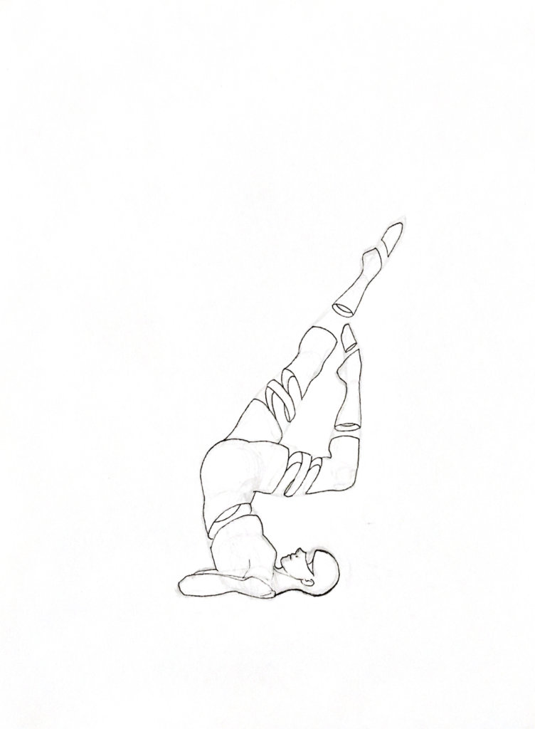 WIP drawing of a person on their back stretching up their legs