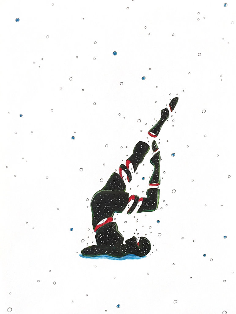 color drawing of a person on their back stretching up their legs