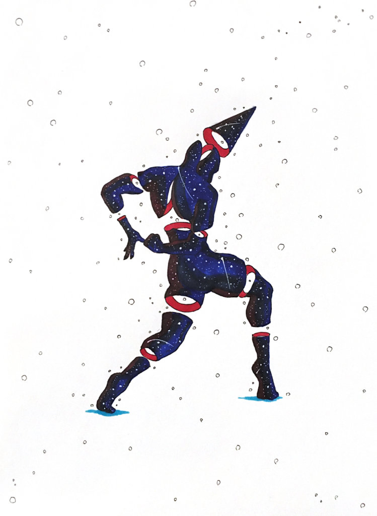 color drawing of a person turned away from the camera, posing