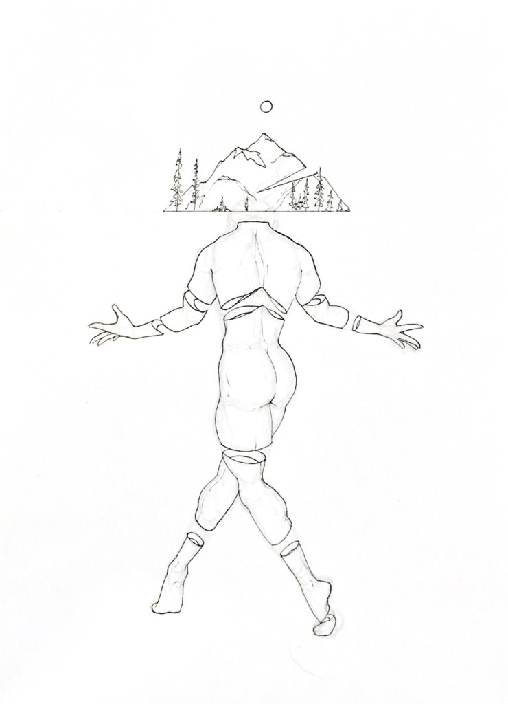 WIP drawing of a person with a mountain head dancing