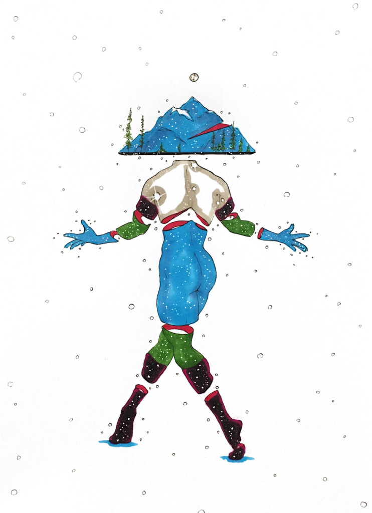 color drawing of a person with a mountain head dancing