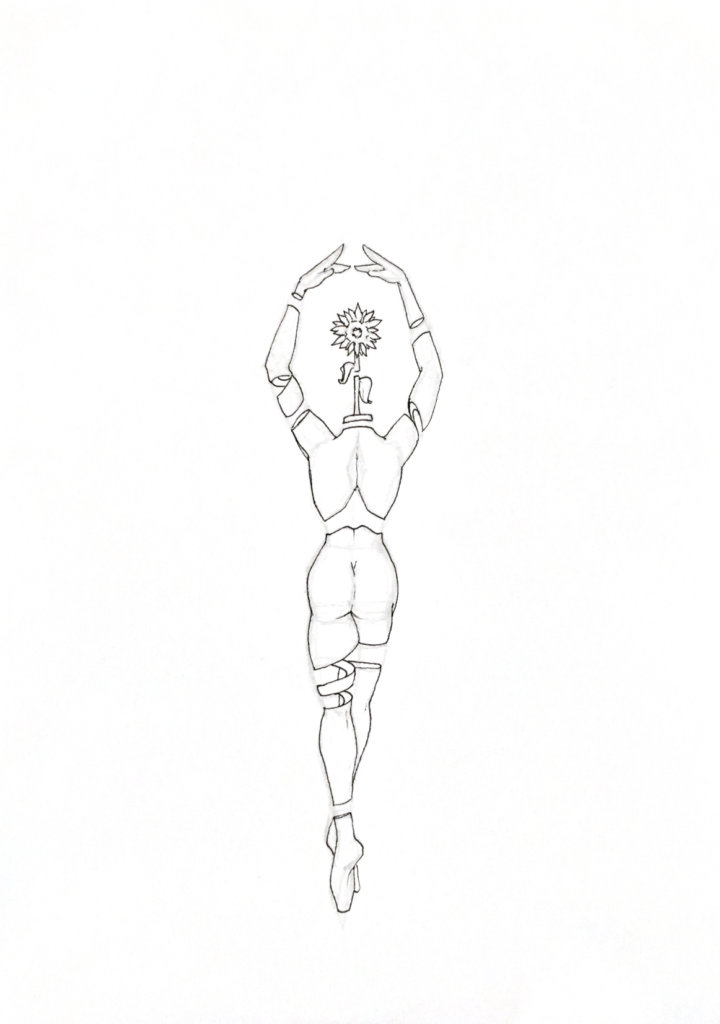 WIP drawing of a person with a sunflower for a head