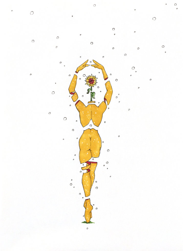 color drawing of a person with a sunflower for a head