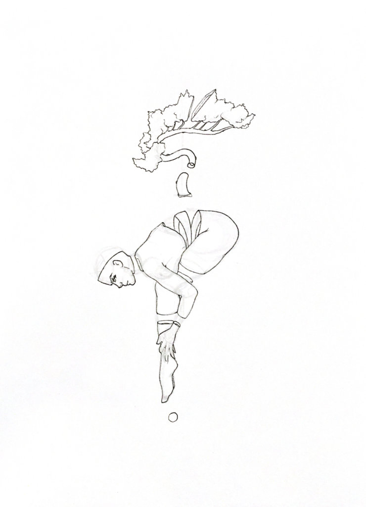 WIP drawing of a woman bent over with a tree sprouting from her spine