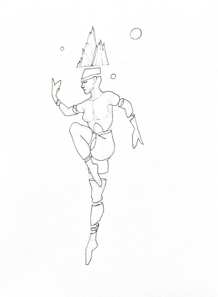 WIP drawing of a person with a mountain growing out of their head
