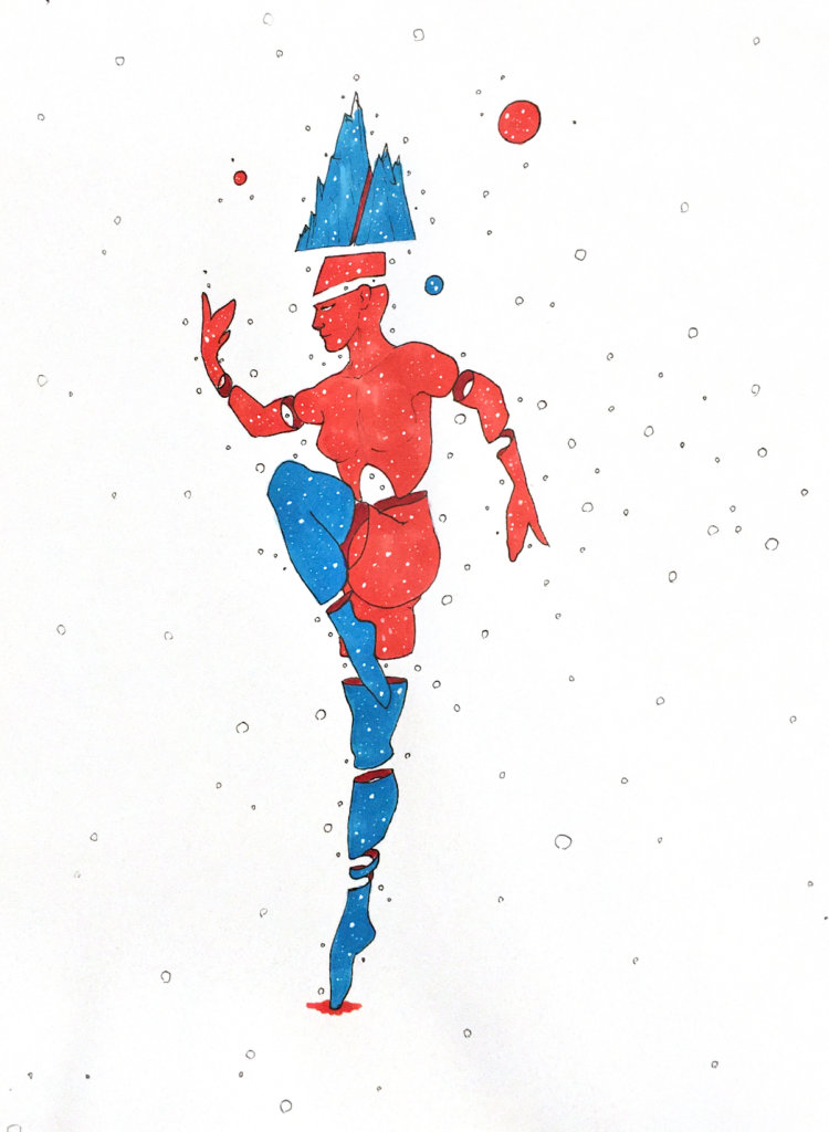 color drawing of a person with a mountain growing out of their head