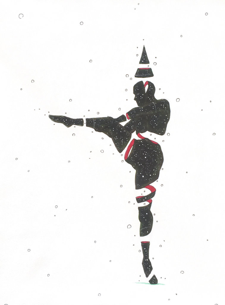 color drawing of a person stretching out their leg in a ballet pose