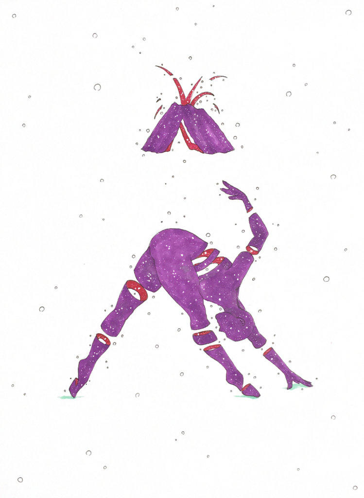 color drawing of a person mimicking a volcano