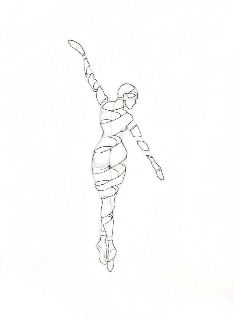 WIP drawing of a person cut up like ribbons
