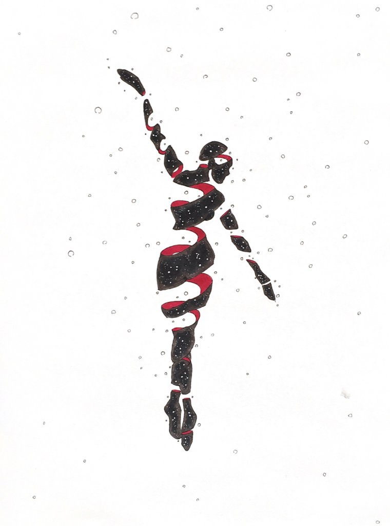 color drawing of a person cut up like ribbons