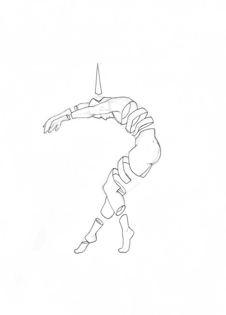 WIP drawing of a person with strips of skin