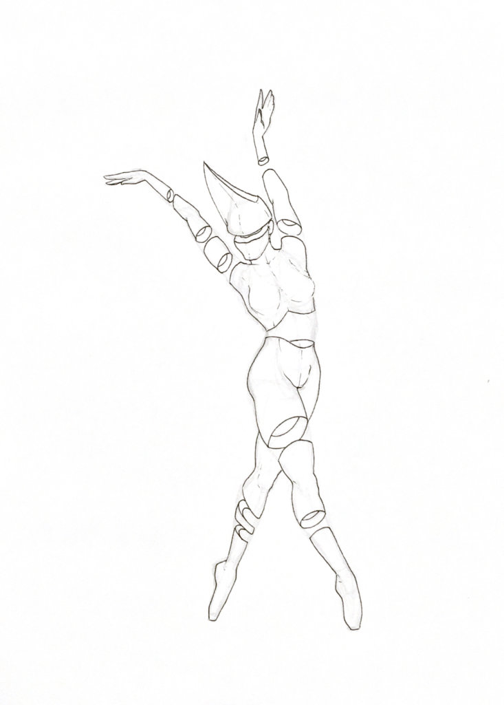 WIP drawing of a dancer with a toothed skull