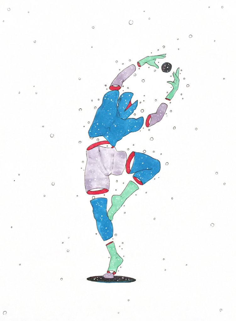 color drawing of a dancer holding an orb between their hands