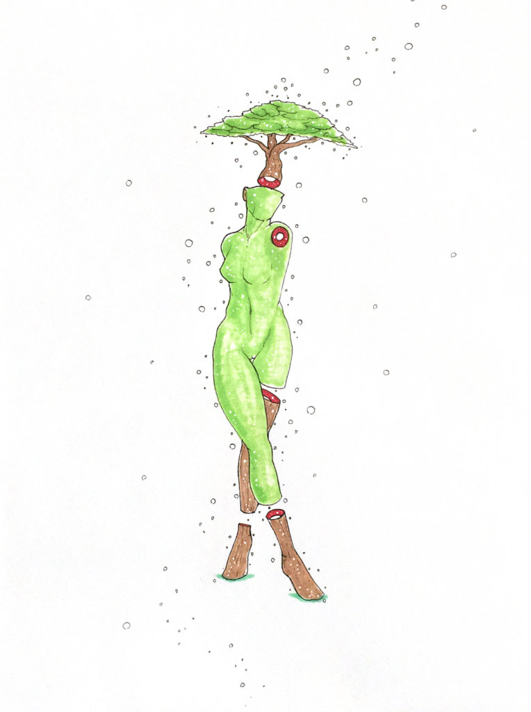 color drawing of an armless woman with a tree where the top of her head should be