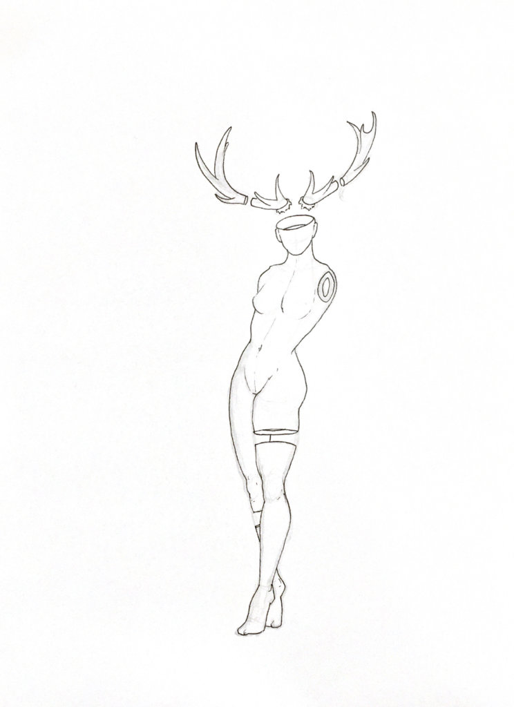 WIP drawing of an armless woman with antlers