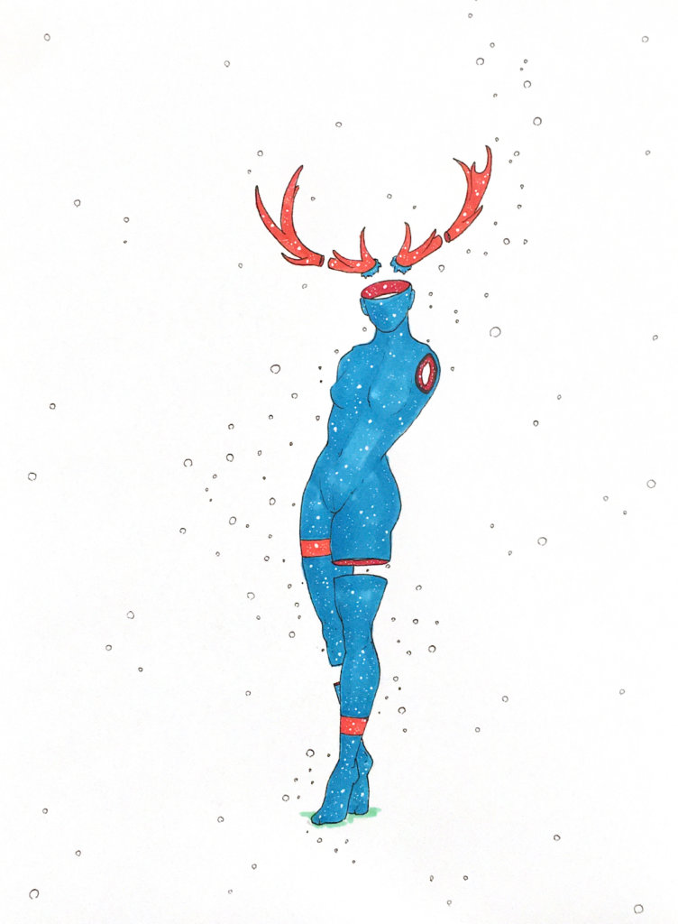 color drawing of an armless woman with antlers