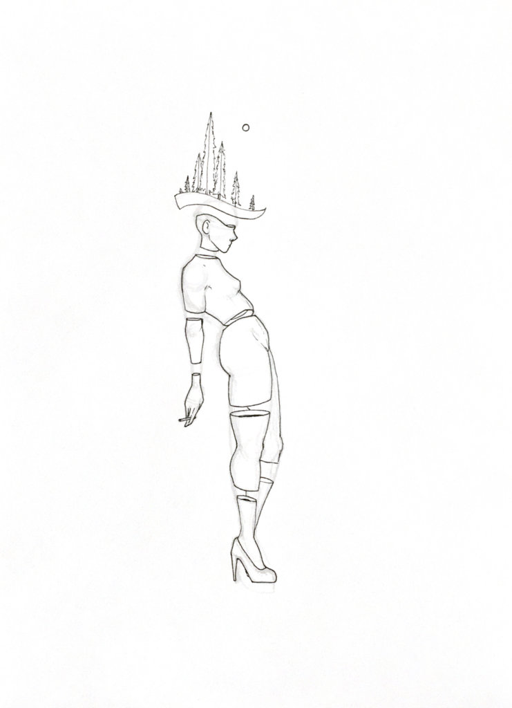 WIP drawing of a woman with trees on her head