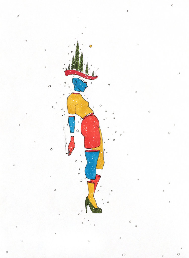 color drawing of a woman with trees on her head