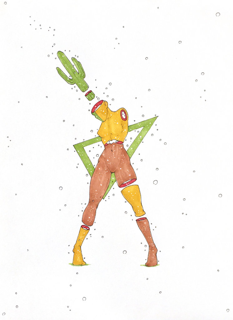 color drawing of a woman with a cactus growing from her skull
