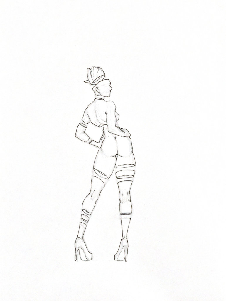 WIP drawing of a woman leaning back with heels on and a lotus skull