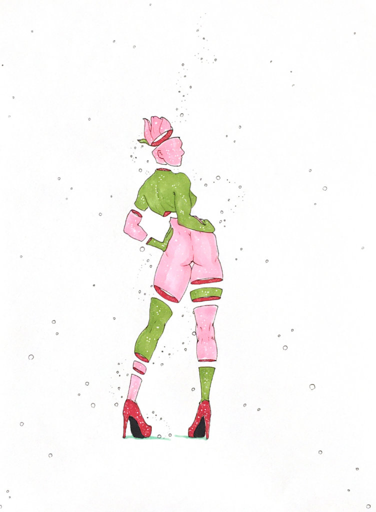 color drawing of a woman leaning back with heels on and a lotus skull