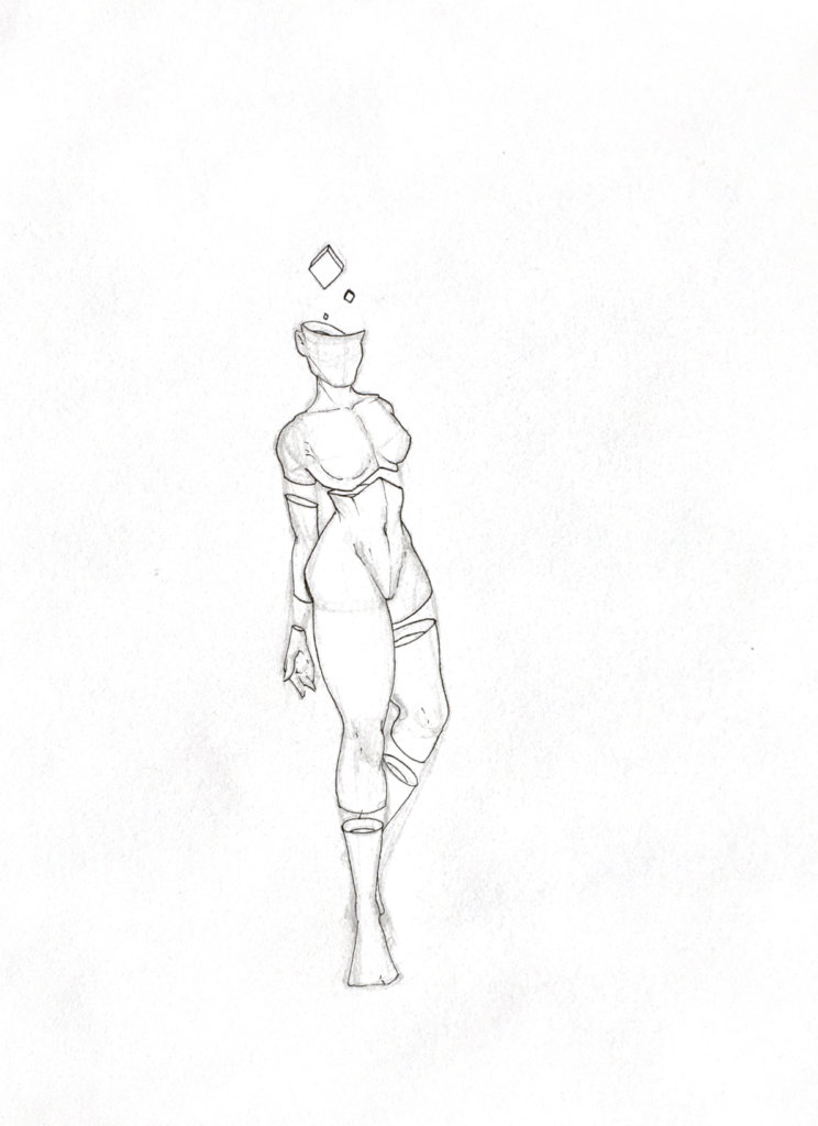 WIP drawing of a woman leaning backwards with cubes falling out of her head