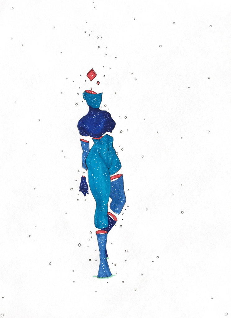 color drawing of a woman leaning backwards with cubes falling out of her head