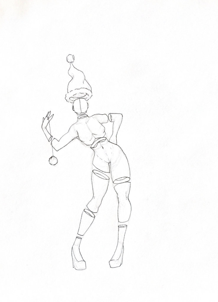 WIP drawing of a feminine looking Grinch with a santa hat on