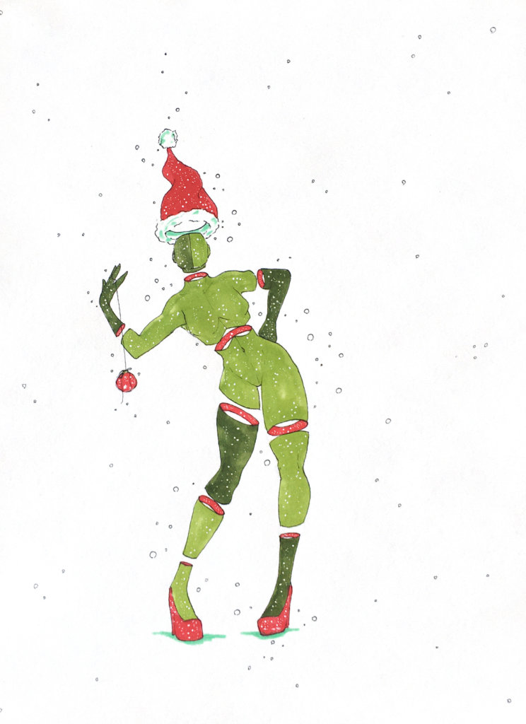 color drawing of a feminine looking Grinch with a santa hat on