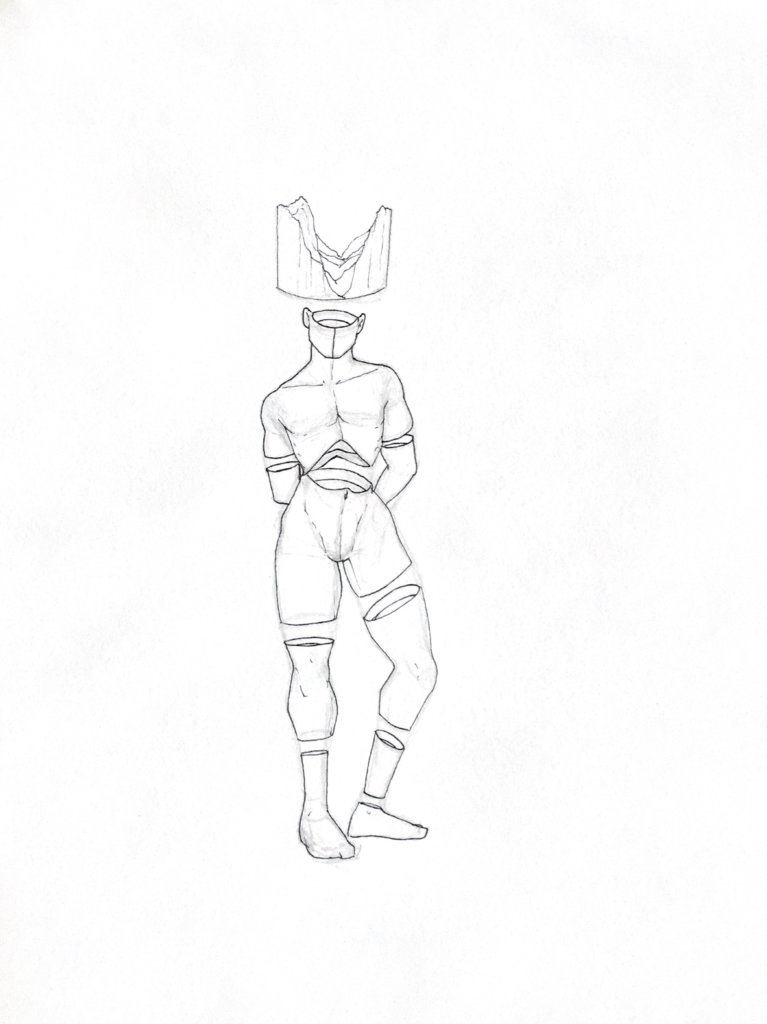 WIP drawing of a man with a bark of wood atop his head