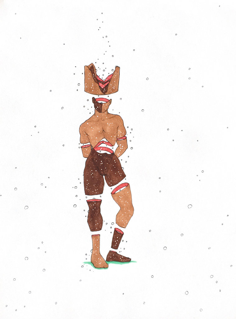 color drawing of a man with a bark of wood atop his head