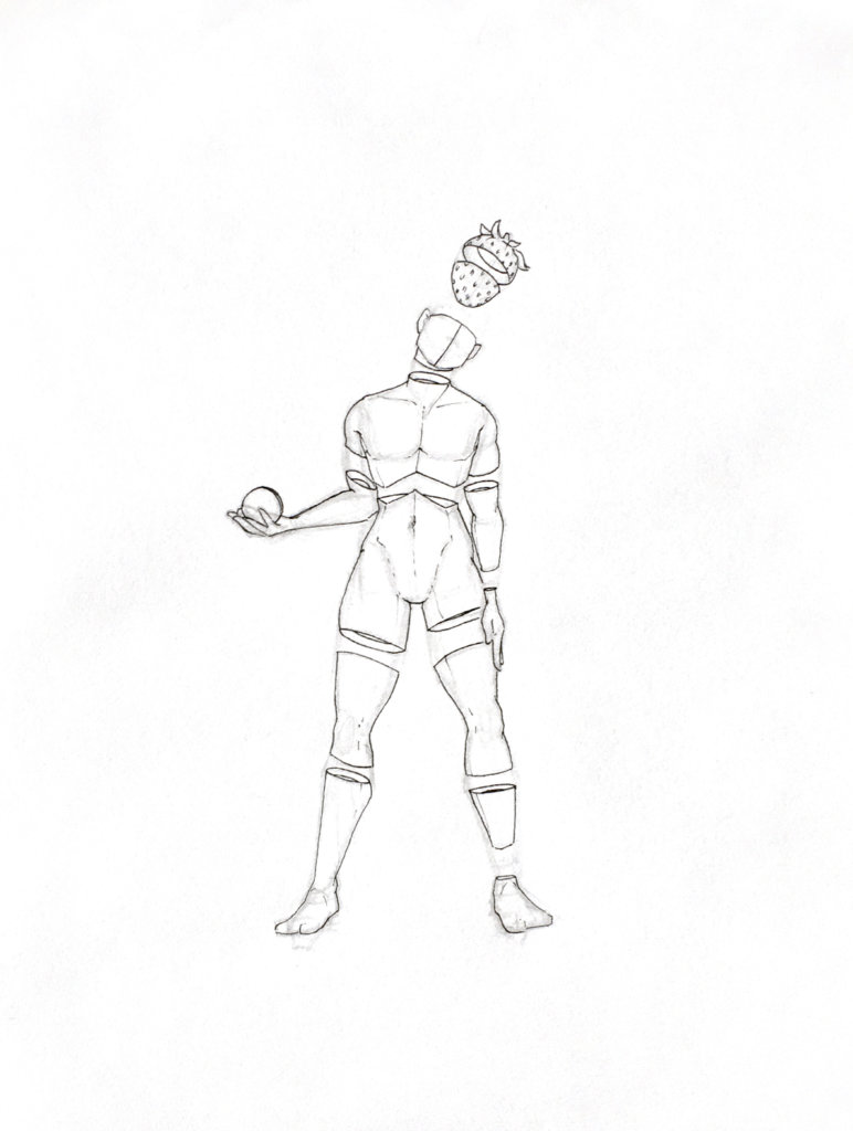WIP drawing of a man with a strawberry holding an orb of space