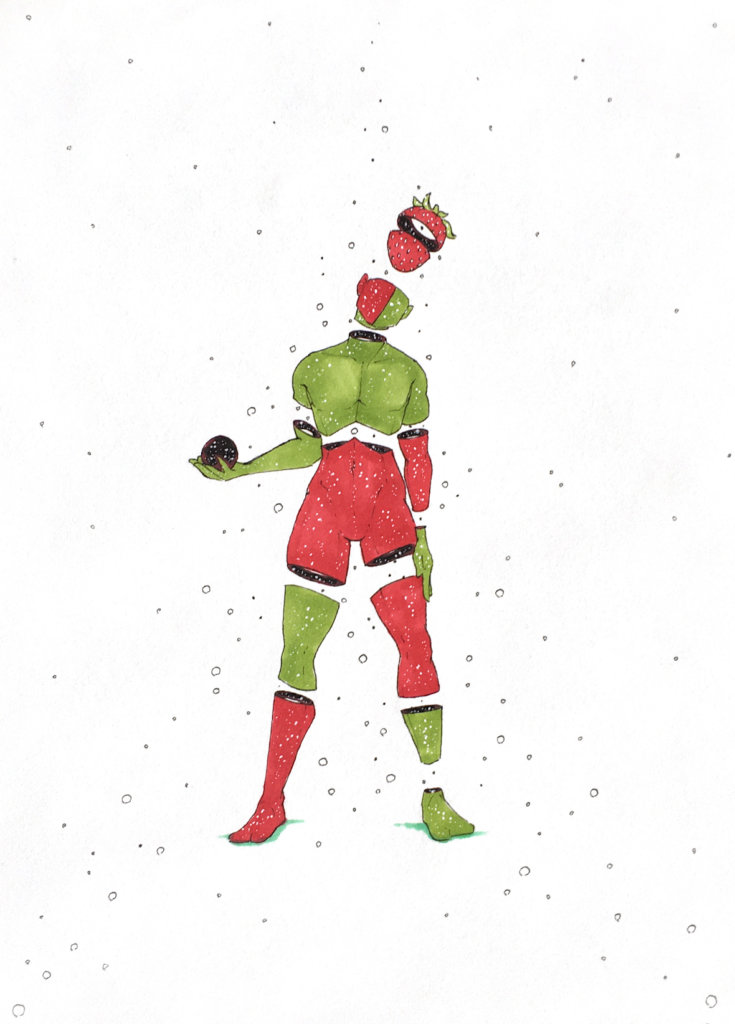 color drawing of a man with a strawberry holding an orb of space