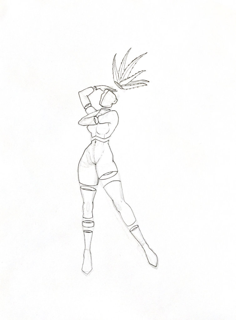 WIP drawing of a woman with an aloe hat