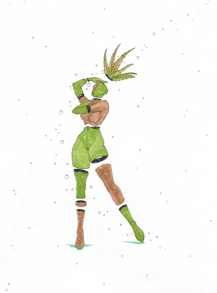 color drawing of a woman with an aloe hat
