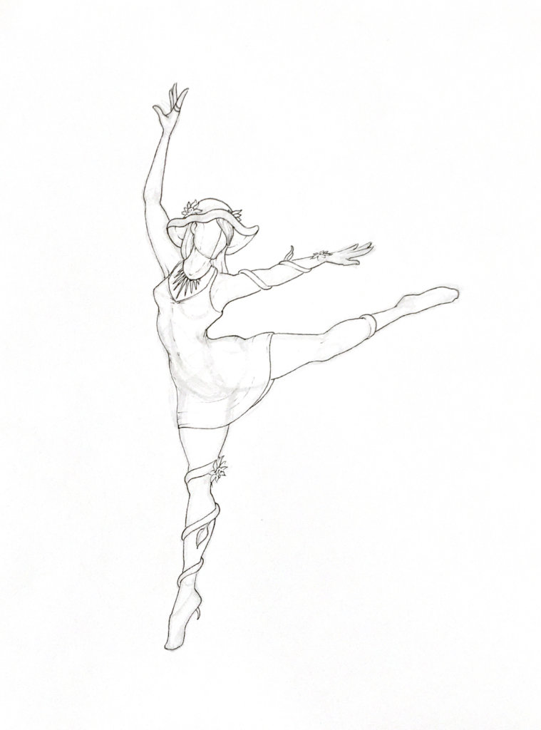 WIP drawing of a woman with a sunhat dancing