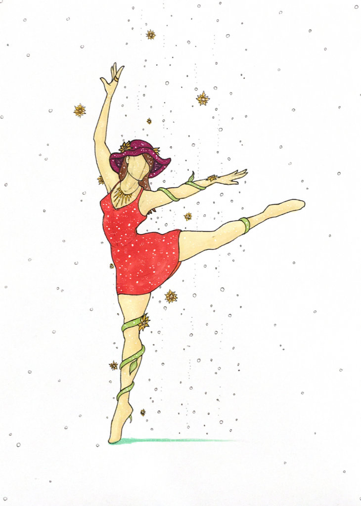 color drawing of a woman with a sunhat dancing