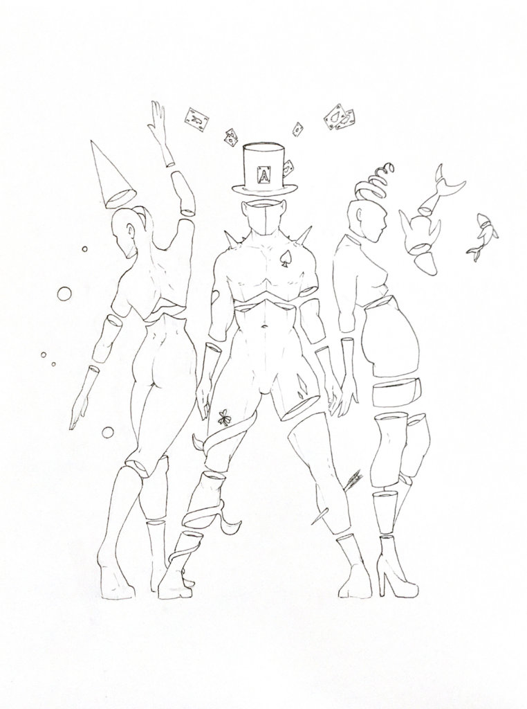 WIP drawing of three people posing with whales and cards floating about