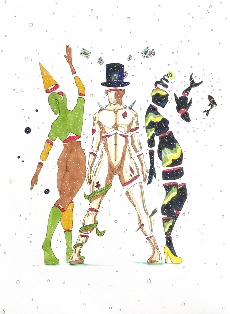 color drawing of three people posing with whales and cards floating about