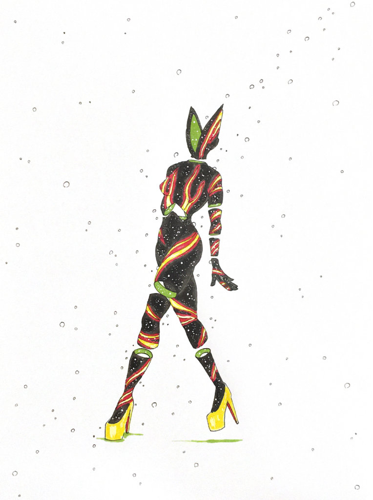 color drawing of a person with a venus fly trap-esque face and lava-textured body