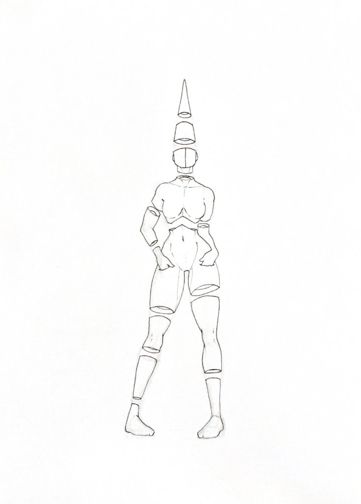 WIP drawing of a person with a dunce cap with their hands down the pockets of their skin