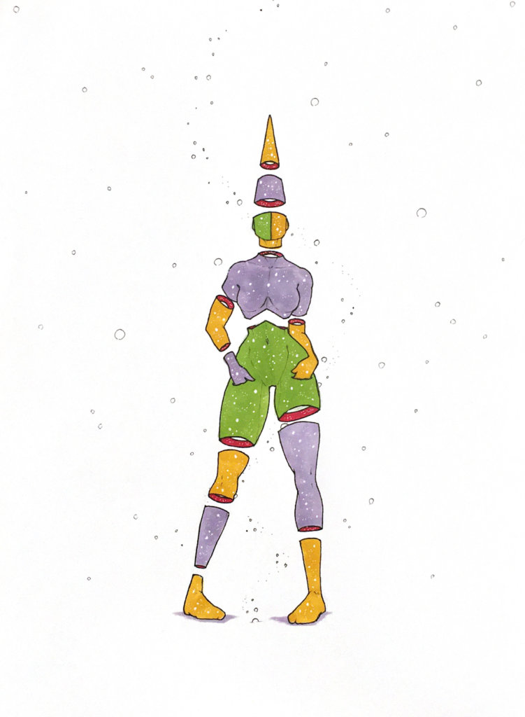 color drawing of a person with a dunce cap with their hands down the pockets of their skin