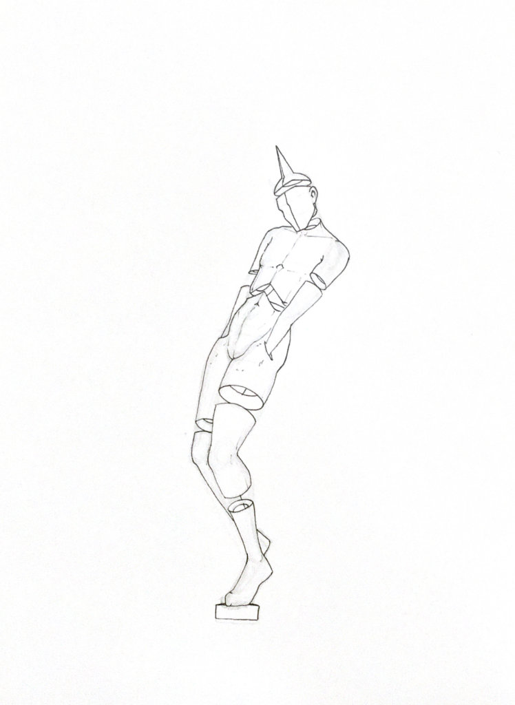 WIP drawing of a person with a pinhead balancing on a block