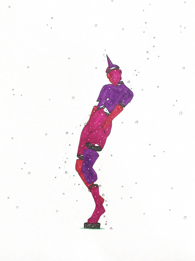 color drawing of a person with a pinhead balancing on a block