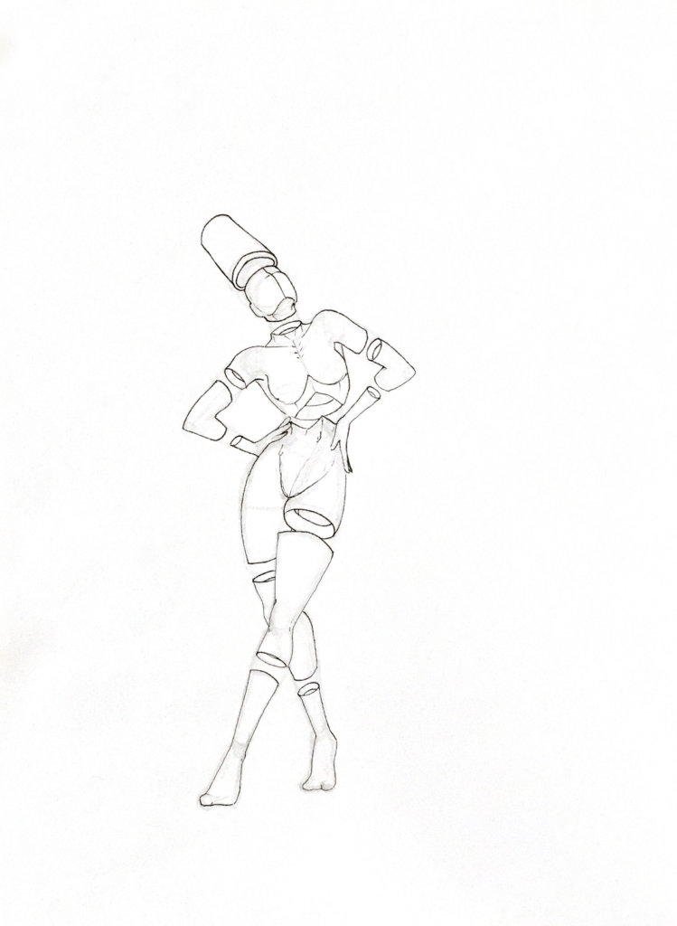 WIP drawing of a person with a big cylindrical hat looking to the sky with hands on their hips