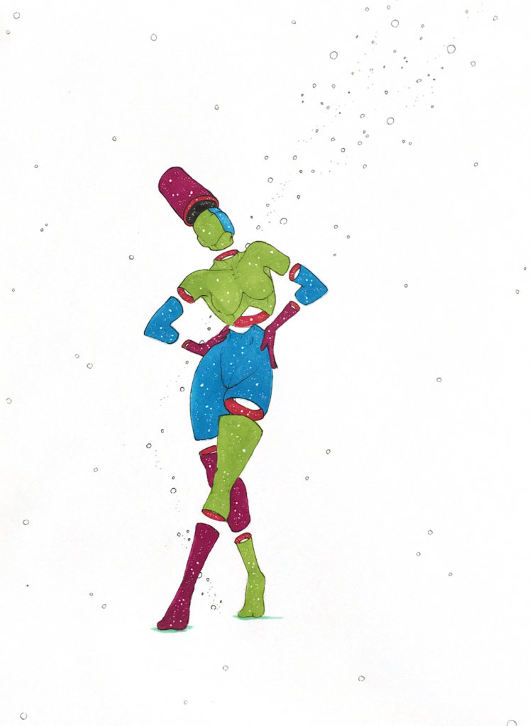 color drawing of a person with a big cylindrical hat looking to the sky with hands on their hips