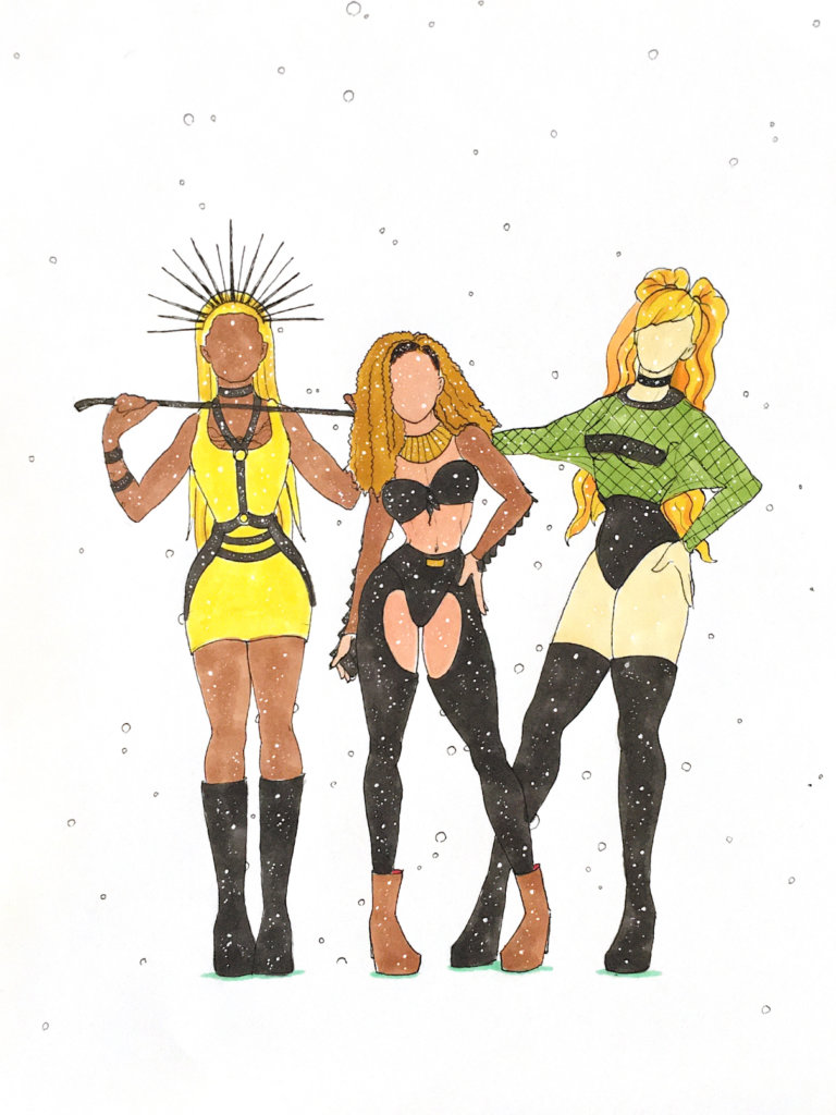 color drawing of a drag queen trio